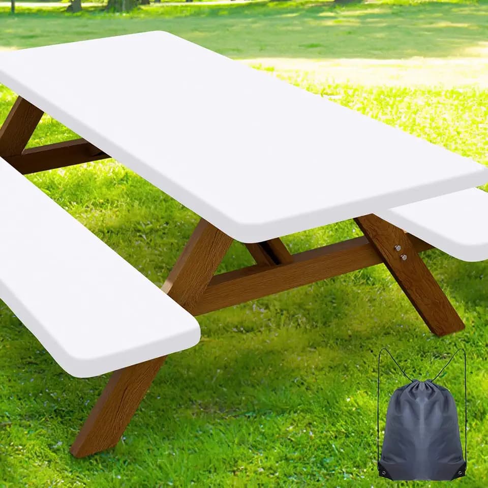 Smiry Picnic Table Cover with Bench Covers, Waterproof Elastic Fitted Polyester Tablecloths for 6 Ft Rectangle Tables, Washable Windproof Tablecloth for Camping, RV & Outdoor (White, 30x72 Inches)