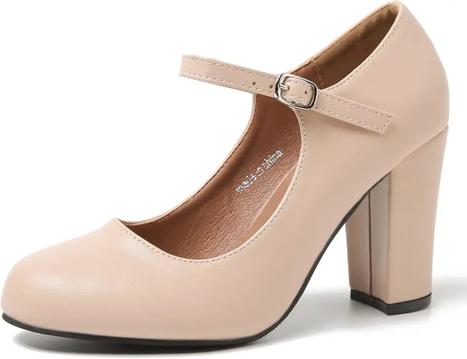 MAIERNISI JESSI Women's Mary Jane Pumps, Closed Round Toe, Block Heel with Ankle Strap Buckle, 3.54 Inch High Heel