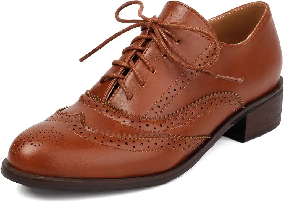 SHEMEE Women's Chunky Low Heels Oxfords Saddle Shoes Creeper Vintage Wingtip Brogues Perforated Flats Lace Up Pumps