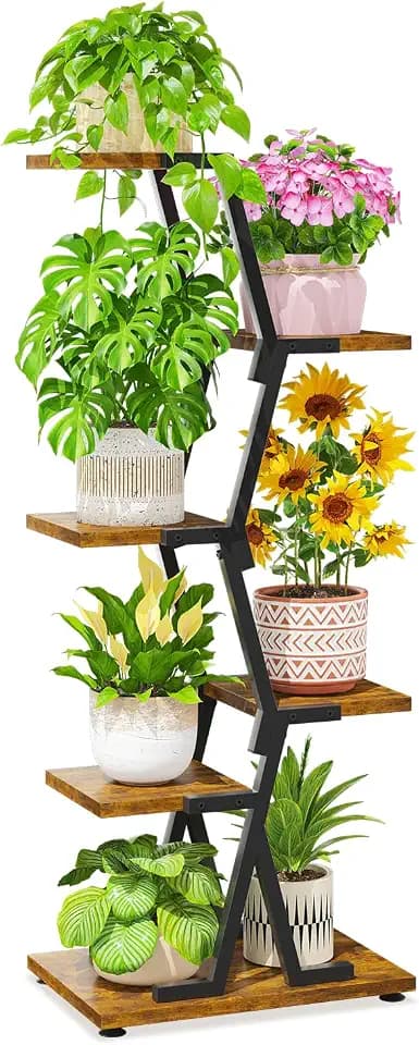 LASZOLA Plant Stand Shelf Tall for Indoor Corner, 5 Tier Wood Brown
