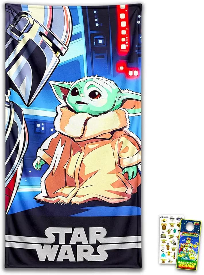 Star Wars Mandalorian Bath Pool Beach Towel Set - 40" x 72" Giant Baby Yoda Towel with Stickers, More | Mandalorian Yoda Bathroom Decor