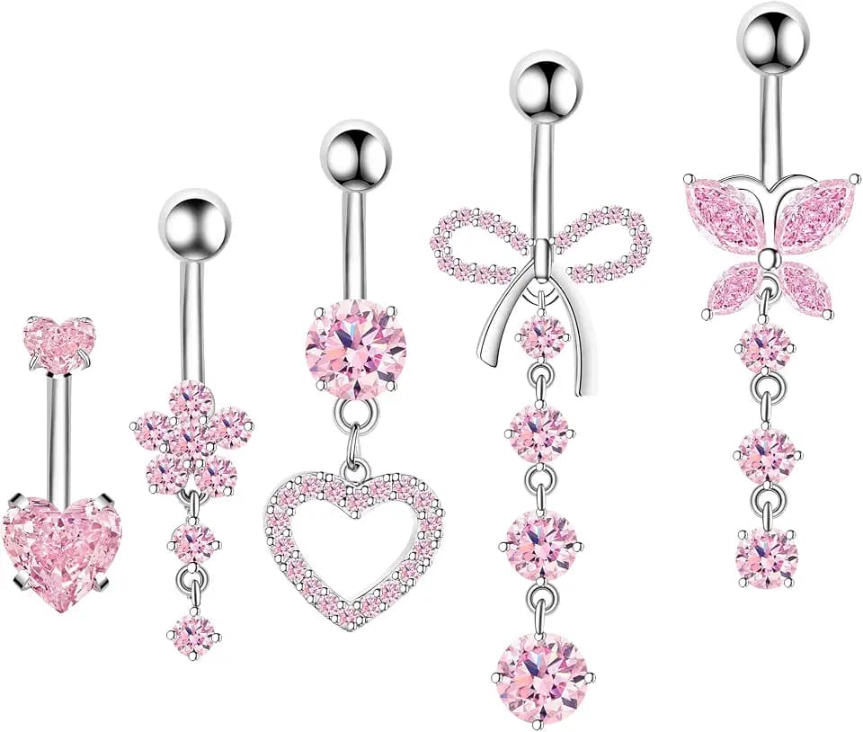 BSJ4U Belly Button Ring Dangle Navel Belly Piercing Jewelry Cute Pink CZ Heart Butterfly Bow Flower Navel Belly Rings for Women 14G Silver Stainless Steel Dainty Dangly Dangling Belly Button Piercing