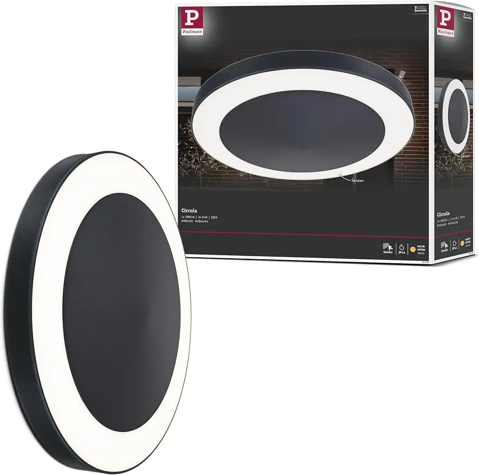 Paulmann 94526 LED Außenleuchte Deckenleuchte Circula mit Dämmerungs-/Bewegungssensor IP44 rund incl. 1x14 W Warmweiß Anthrazit Kunststoff 3000 K
