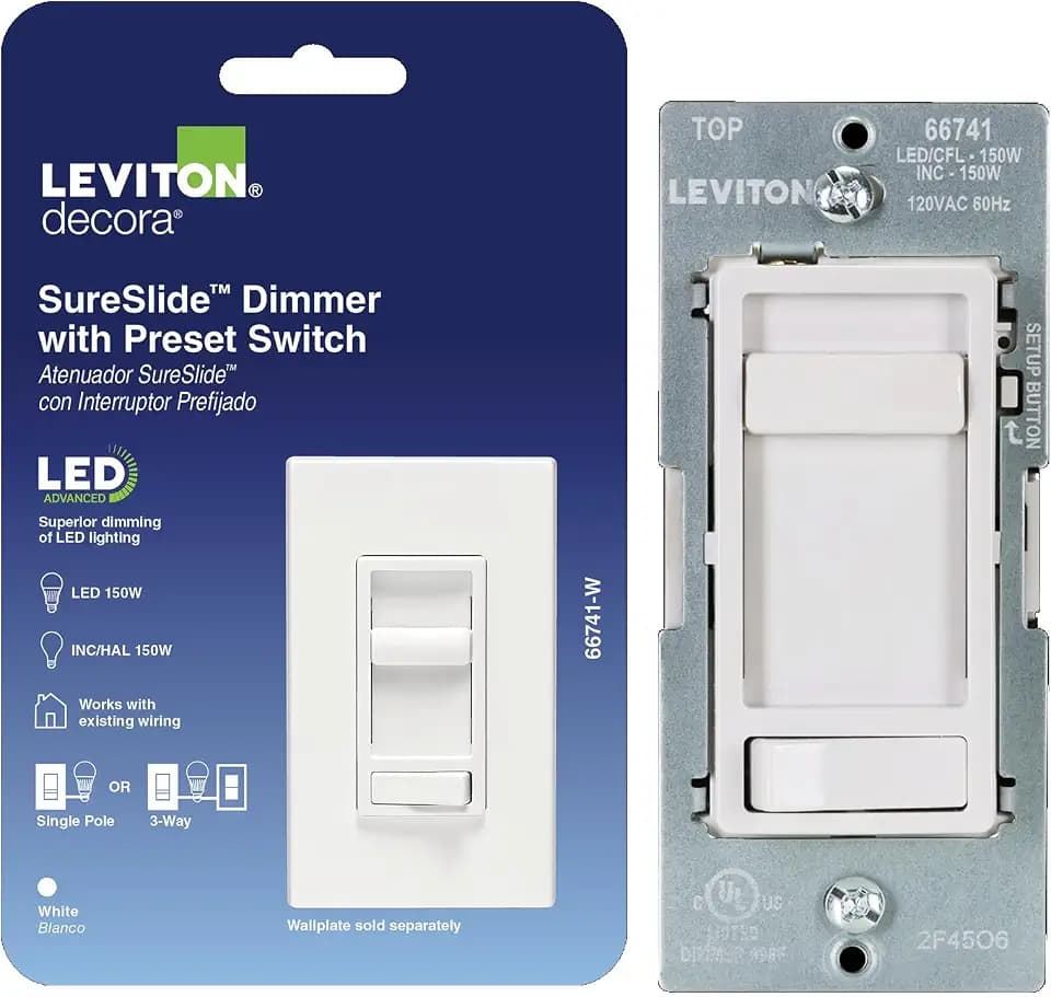 Leviton SureSlide LED Advanced Dimmer Switch for 150W Dimmable LED, Halogen and Incandescent Bulbs and Fixtures, 66741-W, White