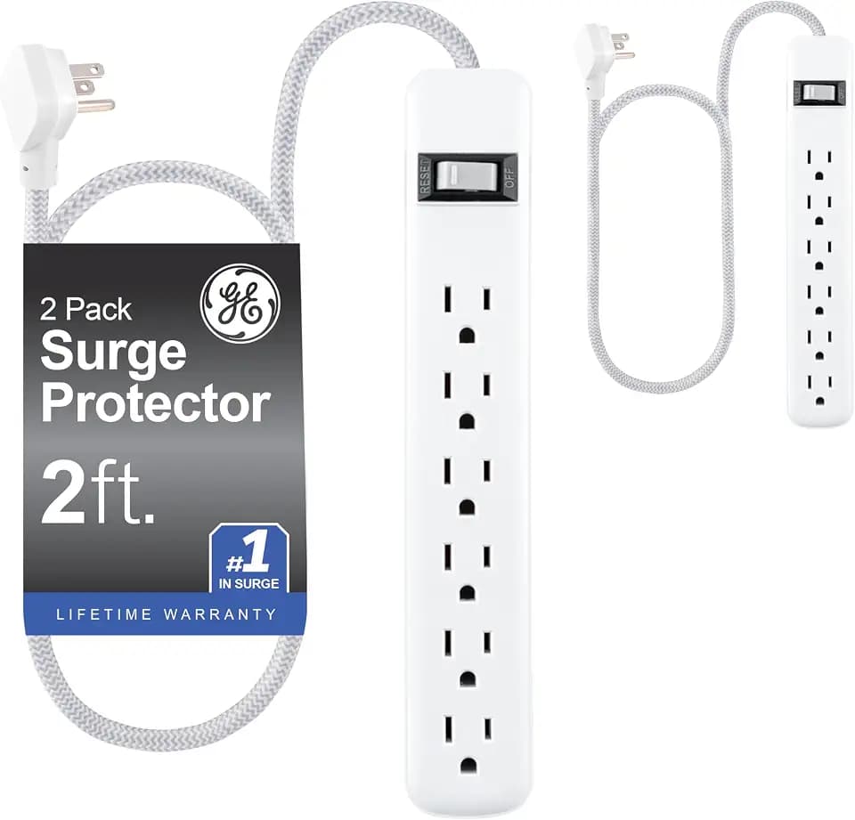 GE Surge Protector Power Strip, 2 Pack, 2 Ft Braided Extension Cord
