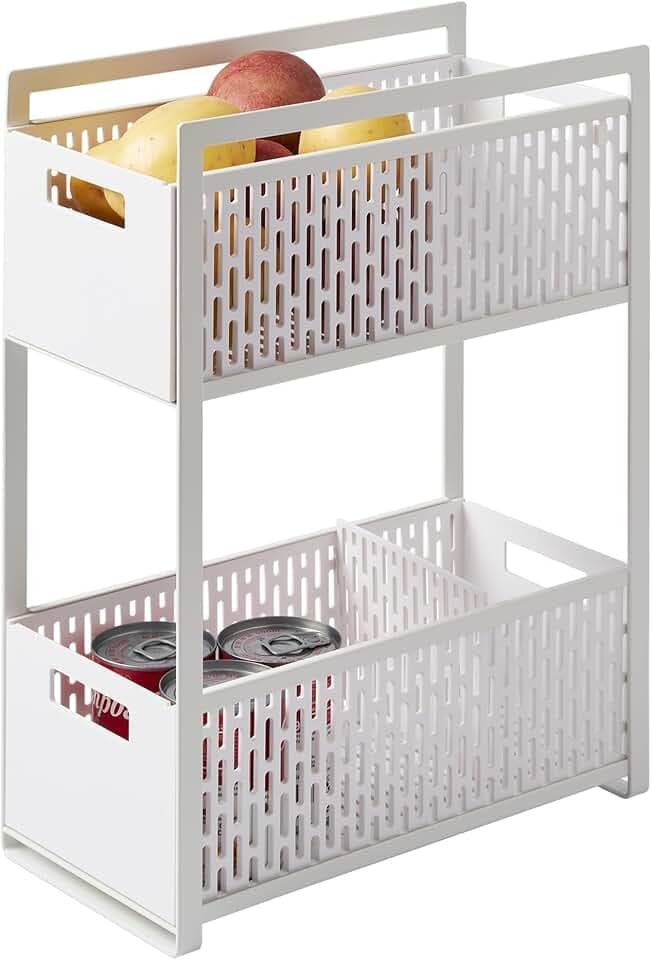 YAMAZAKI 5218 TOWER 2Tiered Storage Basket Set, white, ABS Resin / Steel / Silicone, 16 x 32.5 x 46 cm