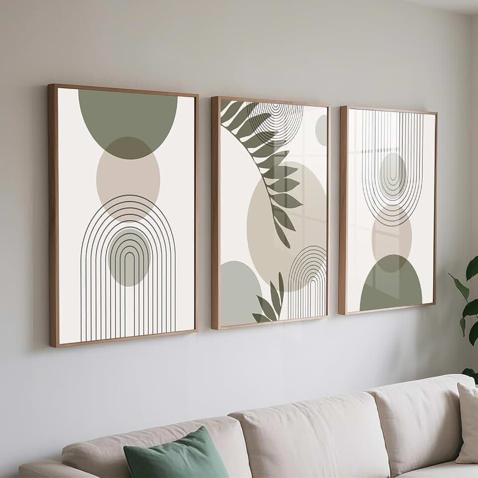 PWAAHDC Moderne Bilder Wohnzimmer 3er Set 60x90 cm Ohne Rahmen – Boho Abstrakte Grüne Pflanzen Poster, Wandbilder für Schlafzimmer