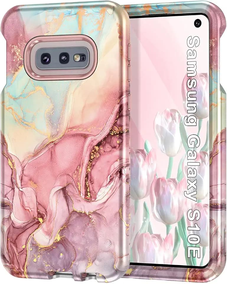 Btscase for Samsung Galaxy S10e Case, Heavy Duty Three Layer Marble Shockproof Full Body Rugged Hard PC+Soft TPU Bumper Drop Protection Women Girls Cover for Galaxy S10e, Rose Gold
