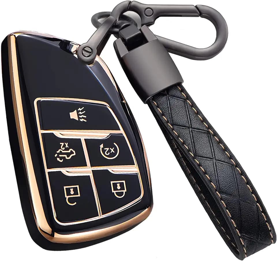 Key Fob Cover for Chevy GMC with Keychain, Silverado Sierra Tahoe Suburban Equinox Traverse Yukon Denali Terrain Buick Envision Premium Soft TPU Case (5 Buttons Black)