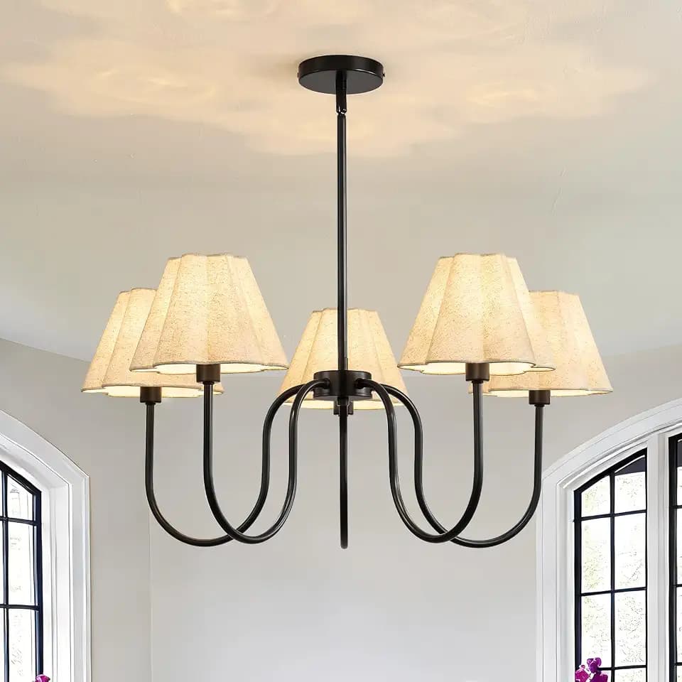 Black Chandeliers for Dining Room, 28" Light Adjustable Antique Modern Gold Chandelier Light Fixture with Scalloped Linen Fabric Shade, Classic Kitchen Pendant Lights Over Table for Bedroom