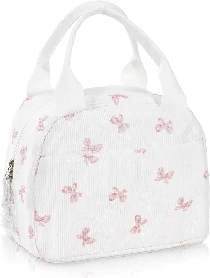 Lunch Bag for Women Insulated Lunch Box Reusable Cooler Bag Portable Cute Corduroy Leakproof Tote Bags for Travel, Work, and Picnic, Bow
