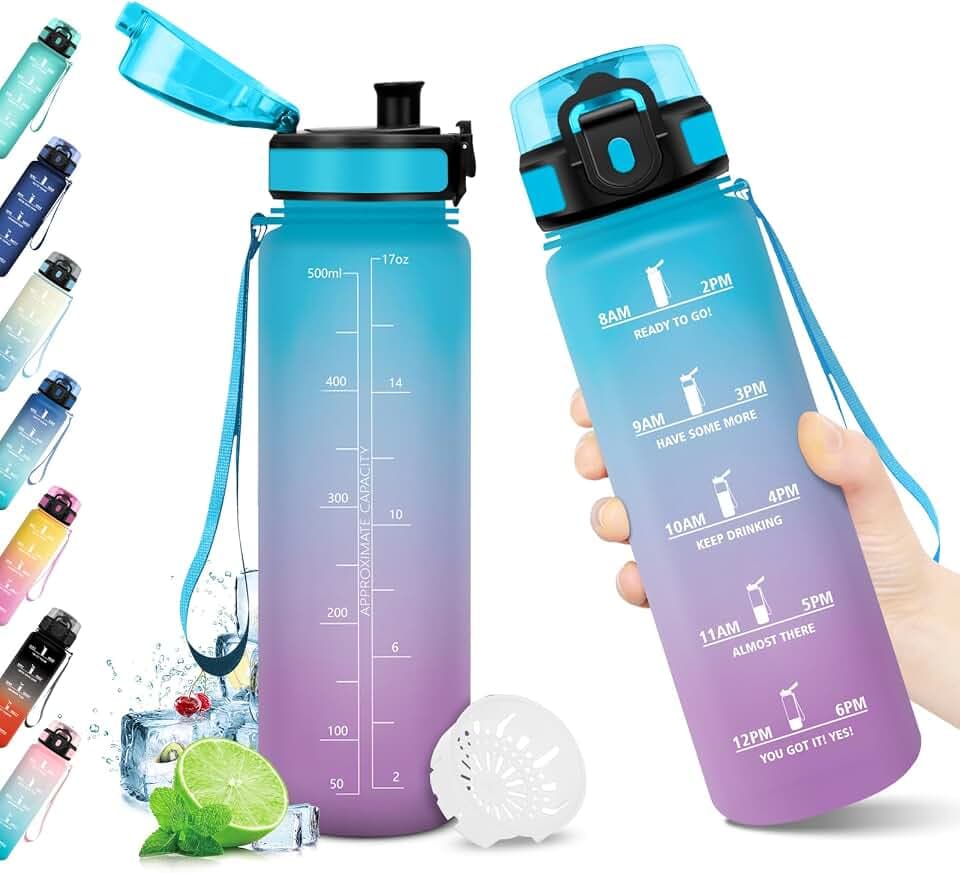 Trinkflasche Sport 500ml, Trinkflasche mit Zeitmarkierung, Wasserflasche mit Filter, Auslaufsicher, Wasserflasche Kohlensäure Geeignet, BPA-frei, Sportflasche für Fitness, Gym, Fahrrad, Yoga, Büro