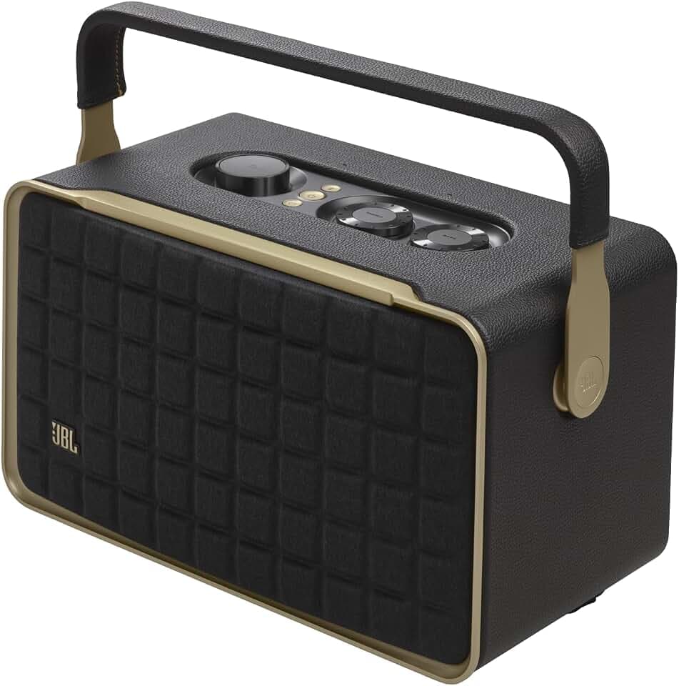 JBL Authentics 300 Tragbarer Smart Home Lautsprecher – 70er Jahre Retro-Design Bluetooth Box – Mit Google Assistant, Alexa, AirPlay und JBL One App – Schwarz