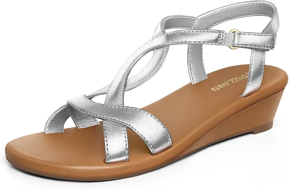 PIZZ ANNU Women's MiraSole Low Wedge Sandals Shoes, Silver 7.5