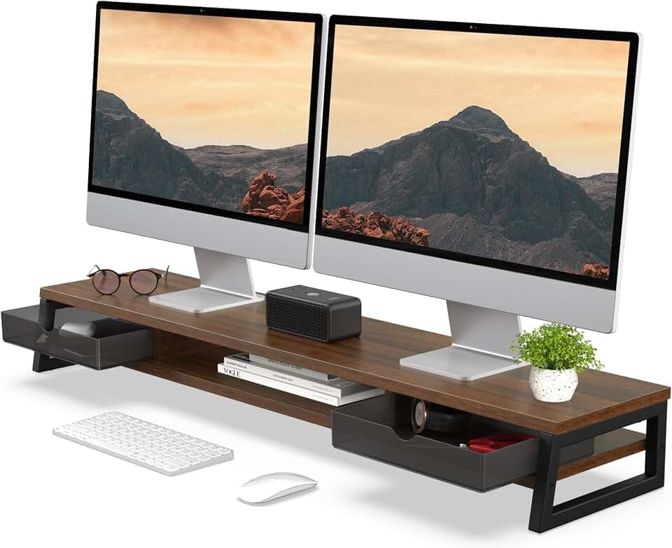 Fenge Dual Monitorständer Riser mit 2 PC Schublade,108cm,Braun