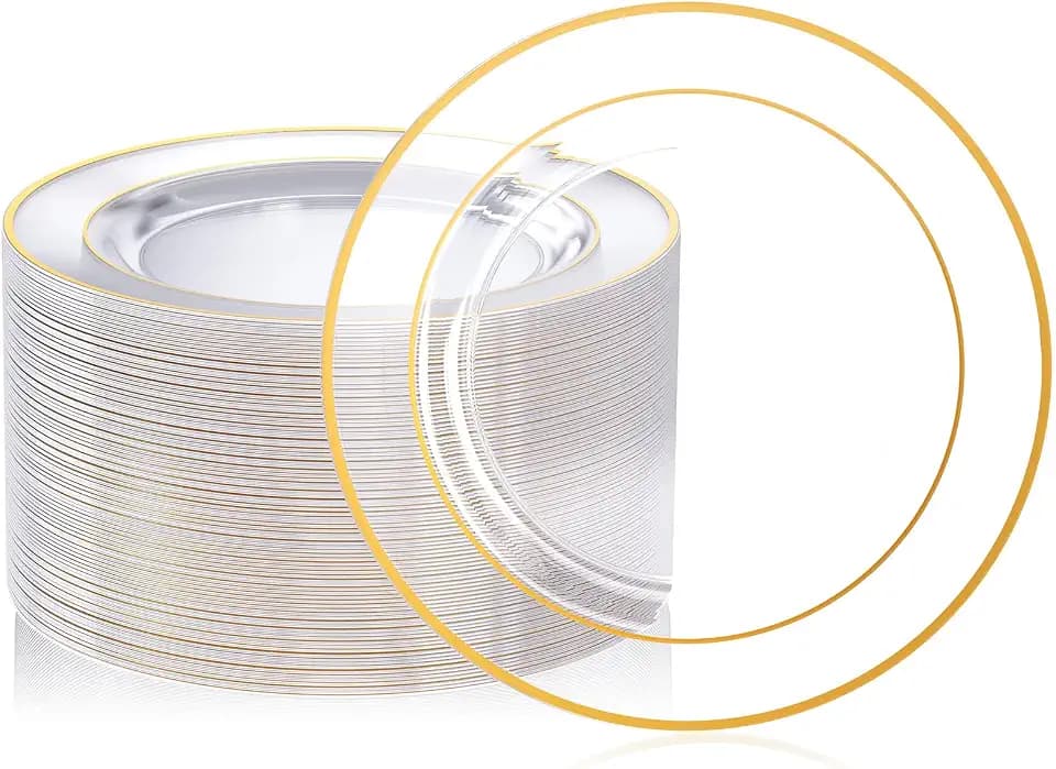 FOCUSLINE 100 Clear Gold Plastic Plates, 10" Disposable Dinner Plates