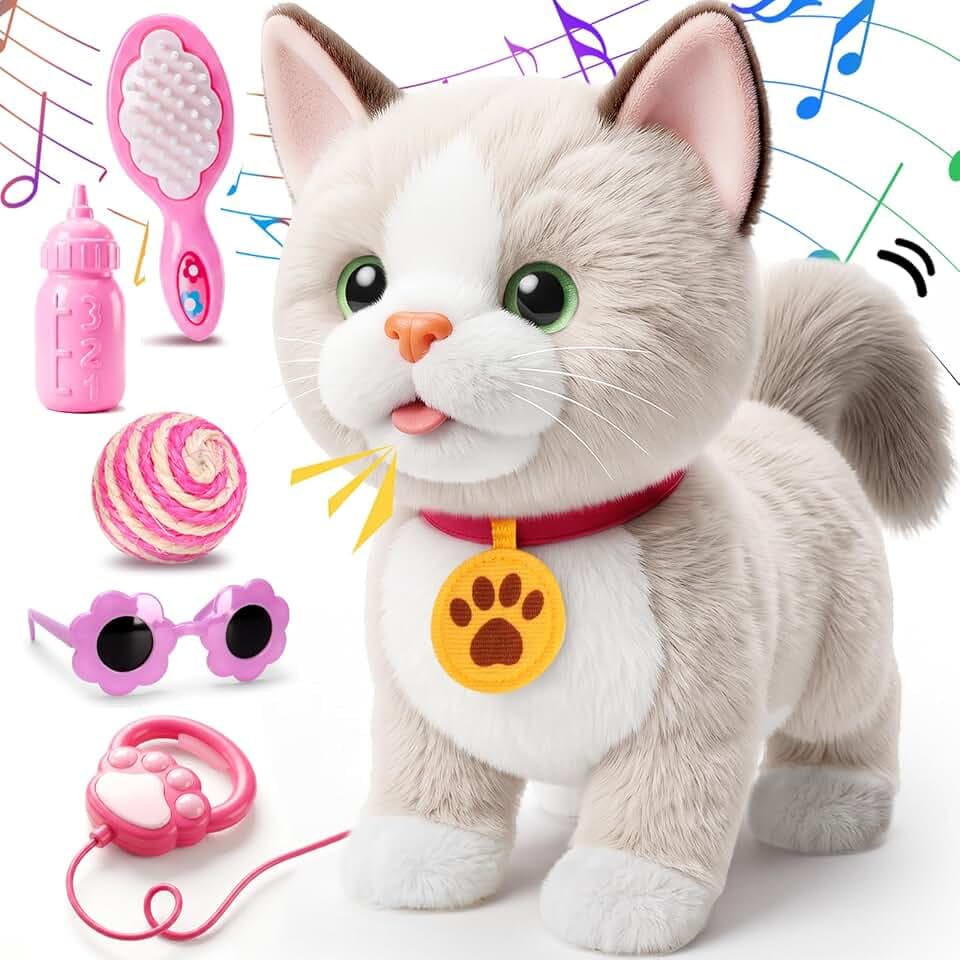 Ylpaprm Interactive Walking Cat Toy for Kids with Leash Talking Toy Kitten Robot Repeat What You Say Singing Dancing Touch Control Wag Tail Nod Plush Electric Ragdoll Kitty Toy for Girl Gift H:9.8"