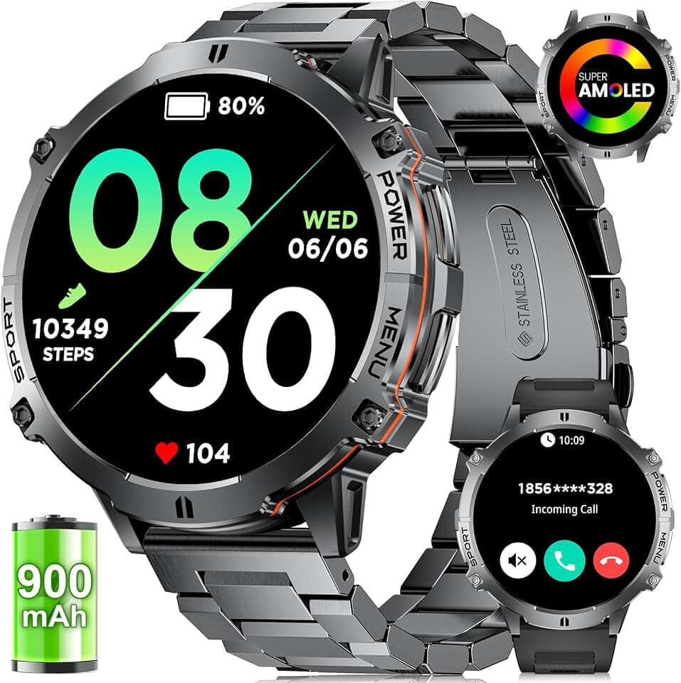 LIGE Smartwatch Herren mit Telefonfunktion, 900mAh/1.73" HD Amoled Display Sportuhr mit 110+ Sportmodi/IP68 Wasserdicht, Fitness Tracker mit Herzfrequenz/Schlafmonitor for Android iOS, 2 Bänder