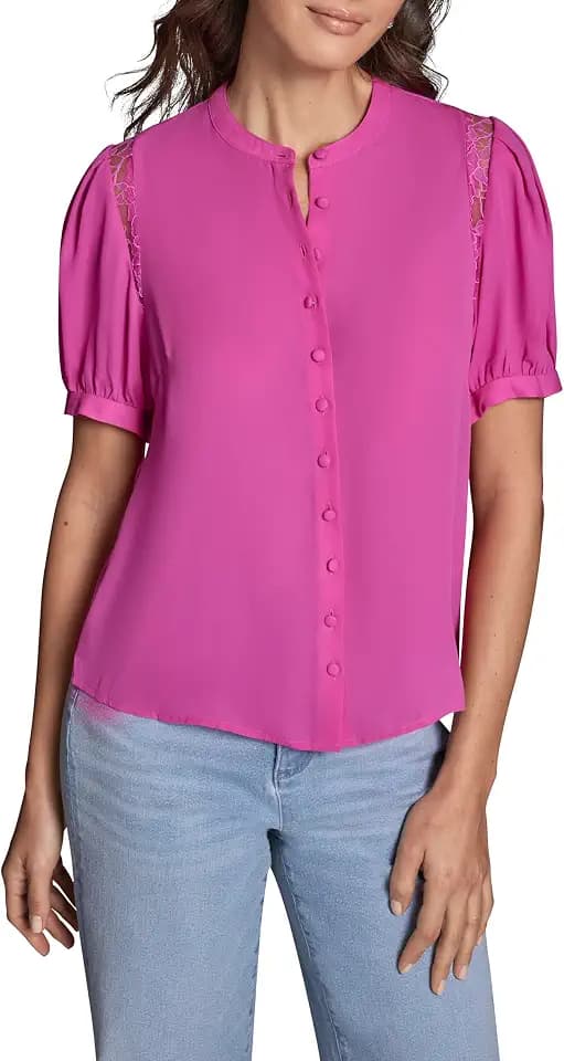 BCBG Womens Short Sleeve Button Up Top with Lace