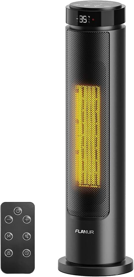 FLANUR Heizlüfter Energiesparend, 2000W PTC Keramik Heizlüfter mit Thermostat & Fernbedienung, ECO Modus, 70° Oszillation, 12h Timer, Überhitzungs-Kippschut, 60cm, Black