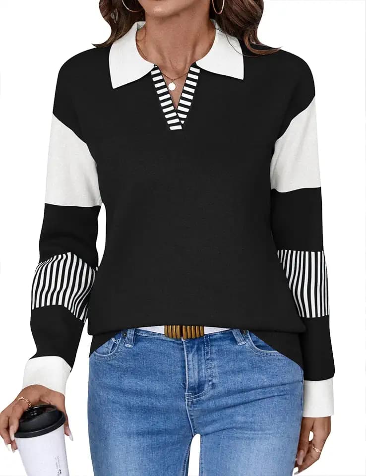 LOMON V Neck Long Sleeve Loose Sweaters Color Block Striped Knitted Pullover Jumper Tops