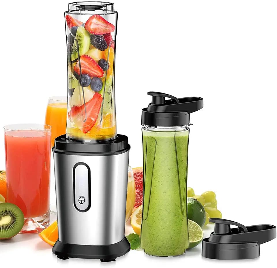 Mixer, 500W Mini Standmixer & Smoothie Maker mit 2x600ml Flaschen BPA frei Tritan, Tragbarer Mixer Smoothie Maker aus Edelstahl 4-Blatt für Shake, Smoothie, Silber (Silber)