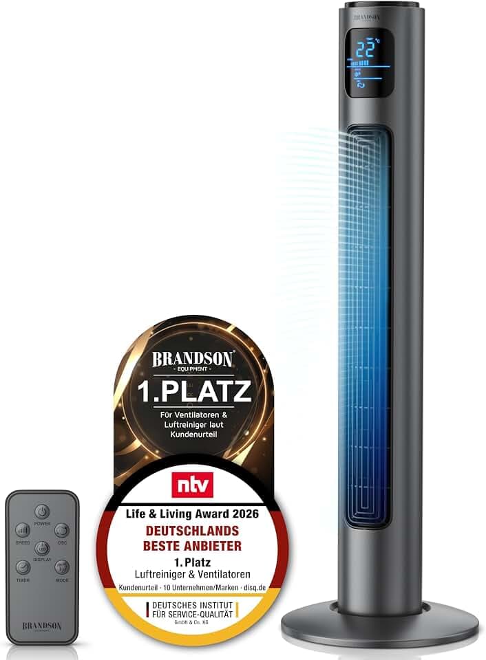 Brandson - Turmventilator mit Fernbedienung 96 cm - Preisträger 2026 - mobiler Lüfter leise - Standventilator mit Oszilation - 3 Geschwindigkeiten 3 Lüftungs-Modi Timer - Ventilator mit GS - Cool Grey
