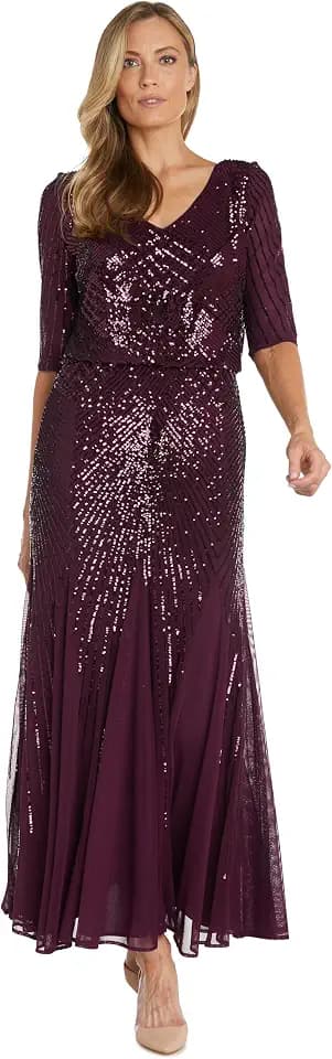 R&M Richards Women's Long Sequin Beaded Blouson Dress W/Mesh Godet Inset & Sheer Sleeves - Cocktail Party Gala Night
