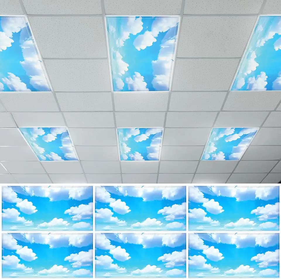 QOUBAI 6PCS Fluorescent Light Covers, 4x2 Feet Magnetic Light Cover Fluorescent Lights Shade Panel Positive Inspirational Ceiling Lights Filters for Office Classroom Home Drop Ceiling Blue Sky