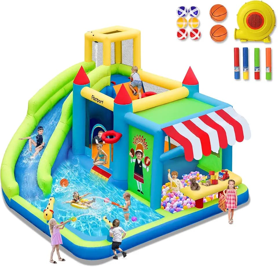 FBSPORT hüpfburg Outdoor mit gebläse hüpfburgen Kinder aufblasbare hüpfburg draußen XXL Outdoor für Erwachsene groß hüpfburg mit rutsche geeignet für Kinder 424 ×388 ×238 cm