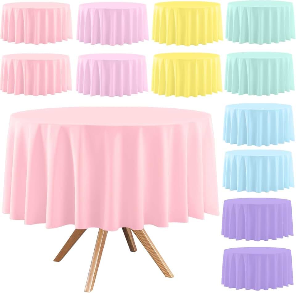12 Pack Round Pastel Disposable Tablecloths for Party, 84 Inch