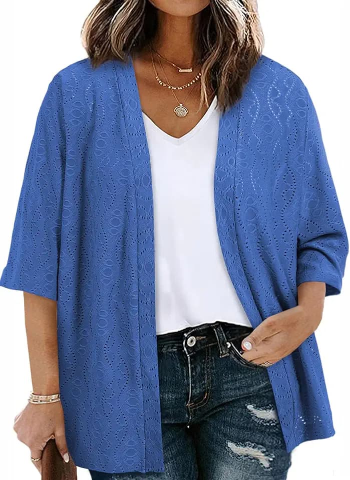 Eytino Plus Size Cardigan for Women Half Sleeve Knitted Jacquard Summer Kimono Cover up Tops(1X-5X)