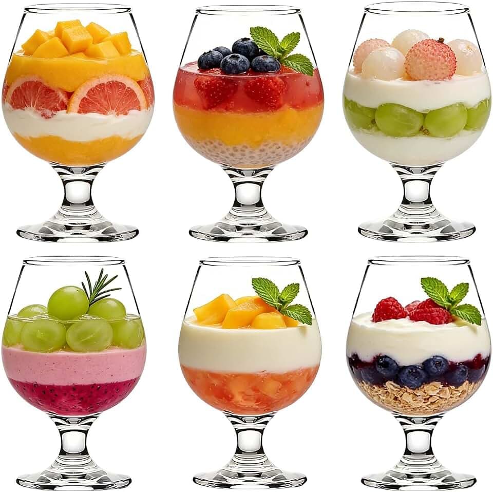 Dessertschalen aus Glas Eisbecher 6er-Set, 350ml Kurzstielgarnelen Cocktailgläser Vorspeise Obstsalate Puddingschalen Dessert Eisbecher mit Fuß Cocktailschales (L3705)