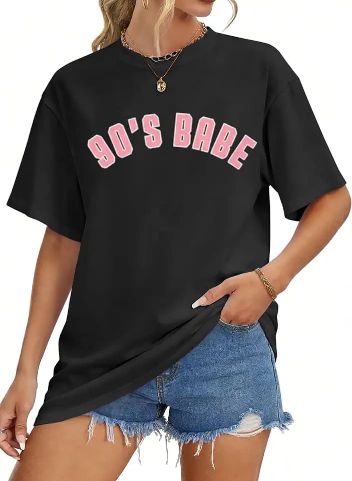 SOFIA'S CHOICE Oversized Tshirts for Women Graphic Tees Letter Print Short Sleeve Shirt Black Babe X-Large