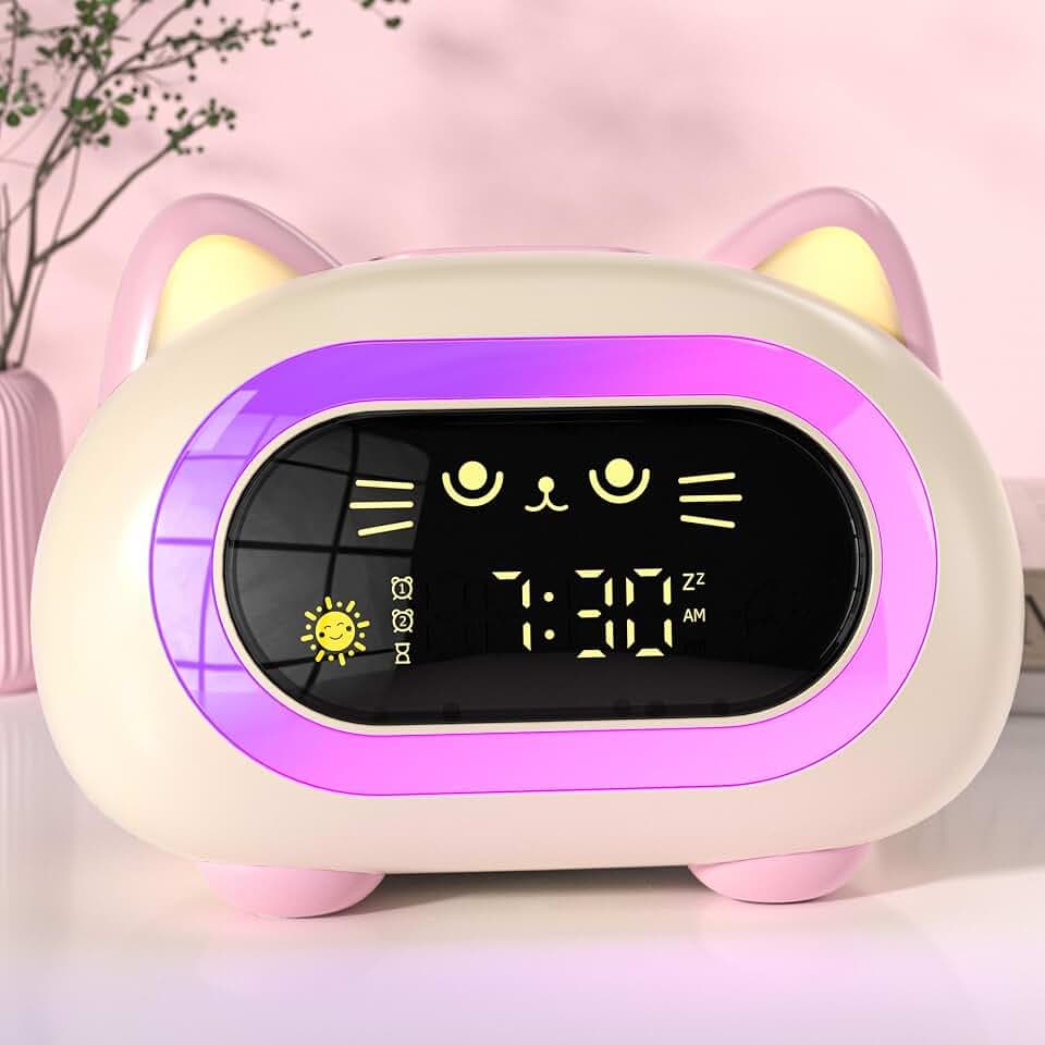 ANALOI Alarm Clock for Kids, Kids Alarm Clocks for Girls with Sleep Training Dual Alarm Eye Protection Auto Off Timer 10 Color Night Light, Cat Ok to Wake Clock, Gifts for Kids Girls