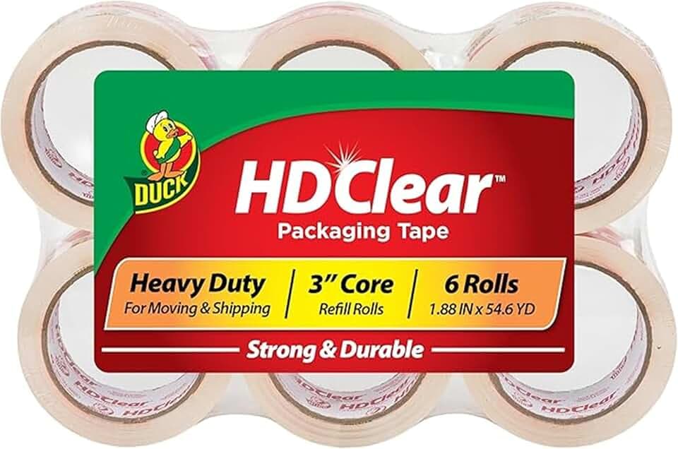 Duck HD Clear Heavy Duty Packing Tape Refill Rolls, 2 in Wide, 6 Rolls