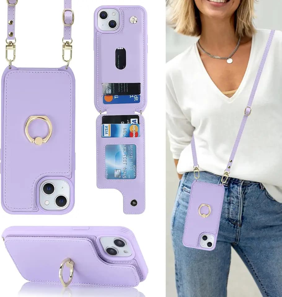 Lipvina Crossbody Wallet for iPhone 15 Case with Strap-Purple