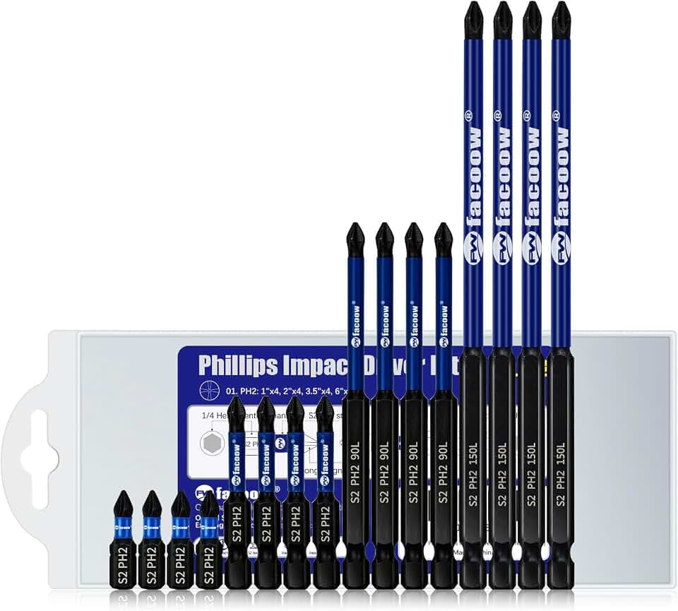 Facoow 16 Pack #2 Phillips Bits, Ph2 Magnetic Impact Driver Bits