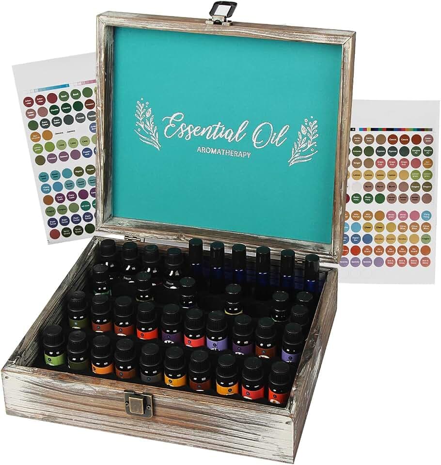 J JACKCUBE DESIGN Aufbewahrungsbox für ätherische Öle, Organizer mit 70 Schlitzen, rustikaler Holzölhalter, Vitrine für 5, 10, 15 ml ätherische Ölflaschen & 10 ml Rollen – MK588A