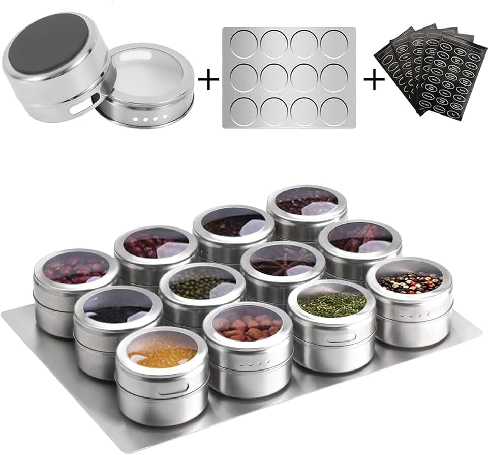 magnetische Gewürzgläser 12-teilige mit Wandbasis, Edelstahl-Zinnen leicht zu reinigen enthält 120-Etikettierungsaufkleber