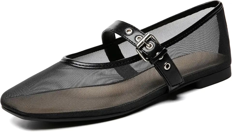 Rihero Mesh Ballet Flats Women Square Toe Mary Jane Ballerina Shoes