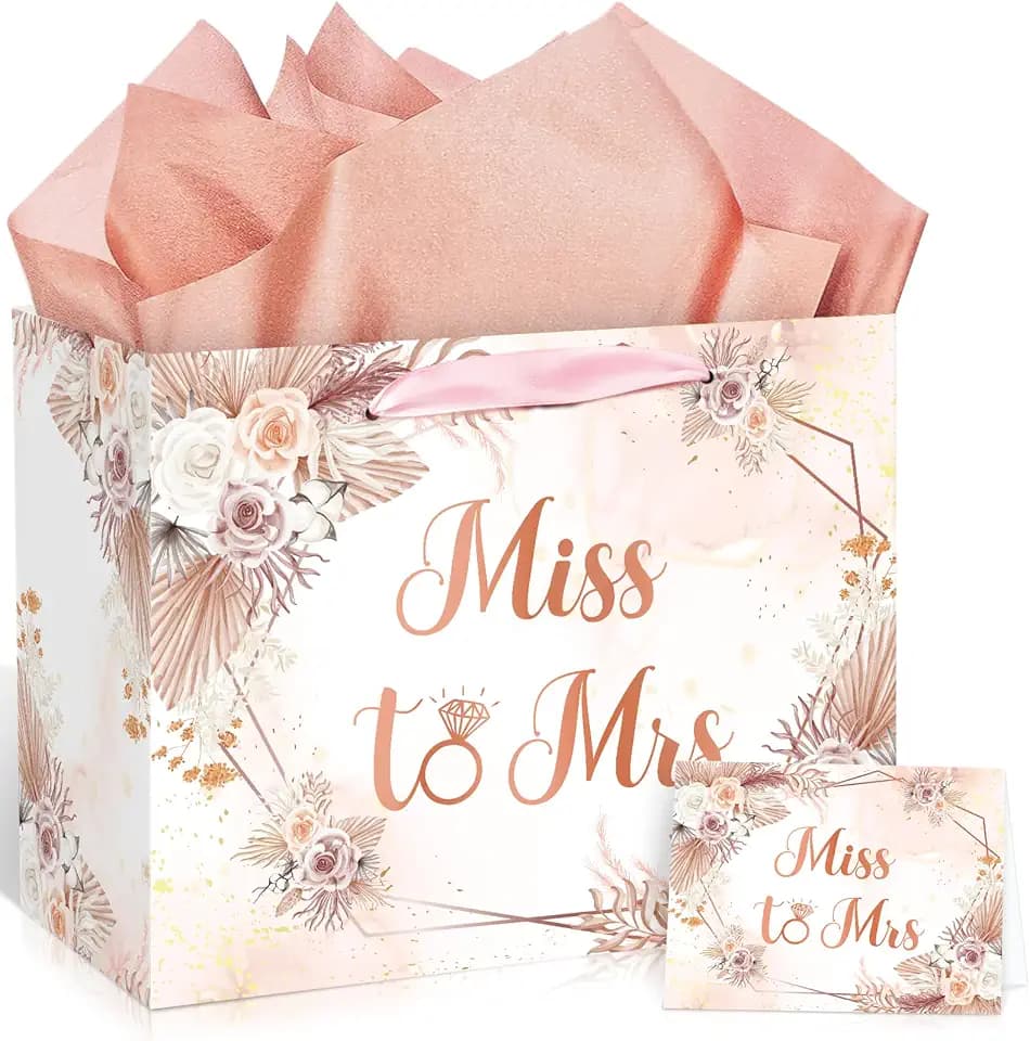 Yomaiha Bridal Shower Gift Bag Wedding Miss to Mrs Gifts Bag with Tissue and Card Bridal Shower Gift Wrapping Paper Bag Floral Boho Wedding Gift Bags Bride Engagement Bachelorette Party Bag