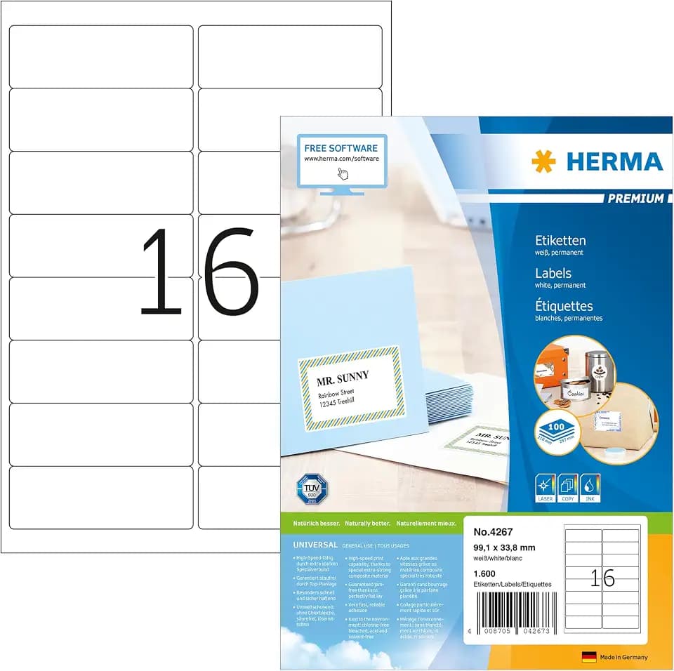HERMA 4267 Adressetiketten, 100 Blatt, 99,1 x 33,8 mm, 16 pro A4 Bogen, 1600 Stück, selbstklebend, bedruckbar, matt, blanko Papier Adressaufkleber Etiketten, weiß