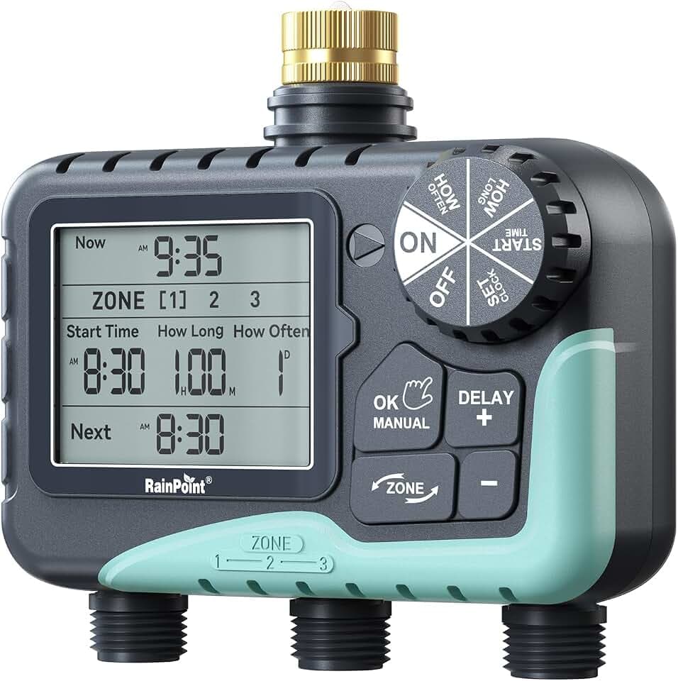 RAINPOINT 3 Zone Water Sprinkler Timer with Brass Inlet, IP65 Waterproof Hose Irrigation Timer, Rain Delay Manual Auto Watering System with Large LCD Display for Yard Lawn Garden, 2027 New Version