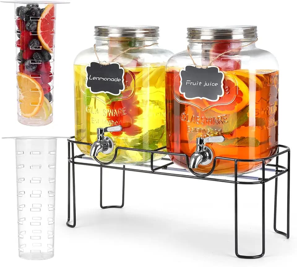 1.6 Gallon Glass Drink dispenser, 2 PCS Beverage Dispenser With Stand, Lemonade Dispenser with Stainless Steel Spigot,Drink Dispensers for Parties,Weddings, Picnic
