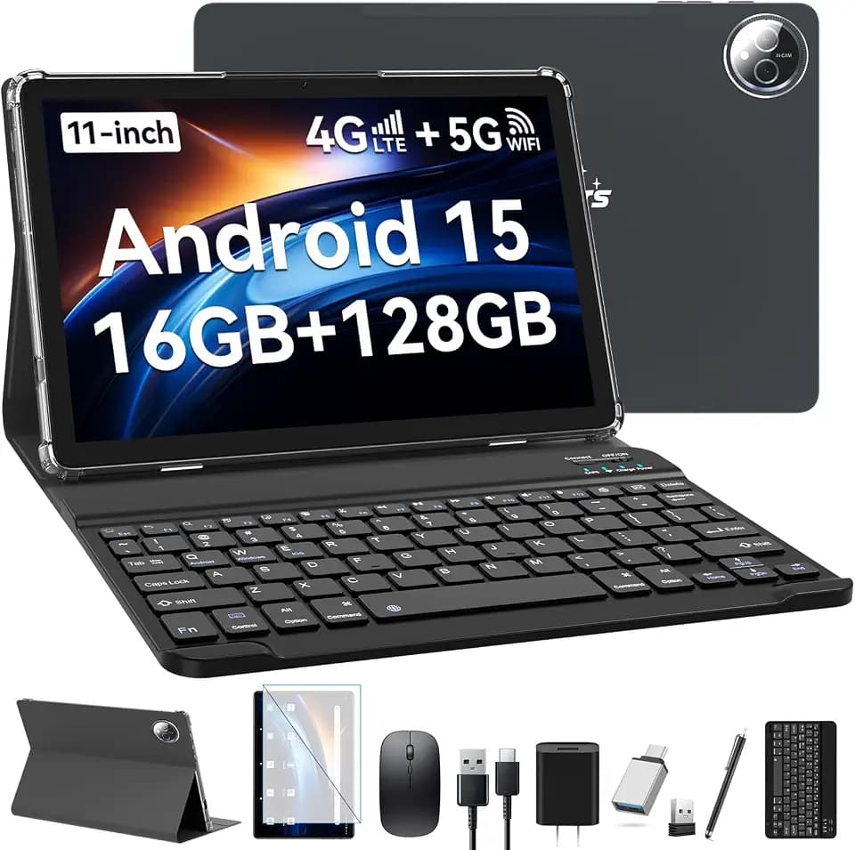 Tablet 11 Inch, Android 15 Tablet with Keyboard, 16GB + 128GB, 1TB Expend