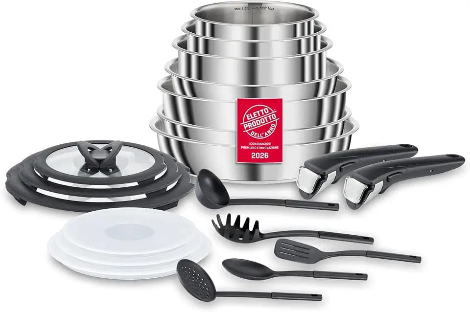 Lagostina Ingenio INOX Topf- und Pfannenset für Induktion, Edelstahl 18/10, grau, 20 Stück, 20 Pezzi