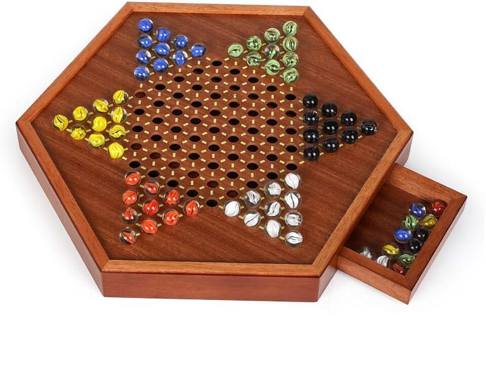 15-Inch Wooden Chinese Checkers Board Game Set – Classic Strategy Game with 72 Glass Marbles, Dual-Sided Storage Drawer, Family Board Games for Adults, Educational Travel and Indoor Game