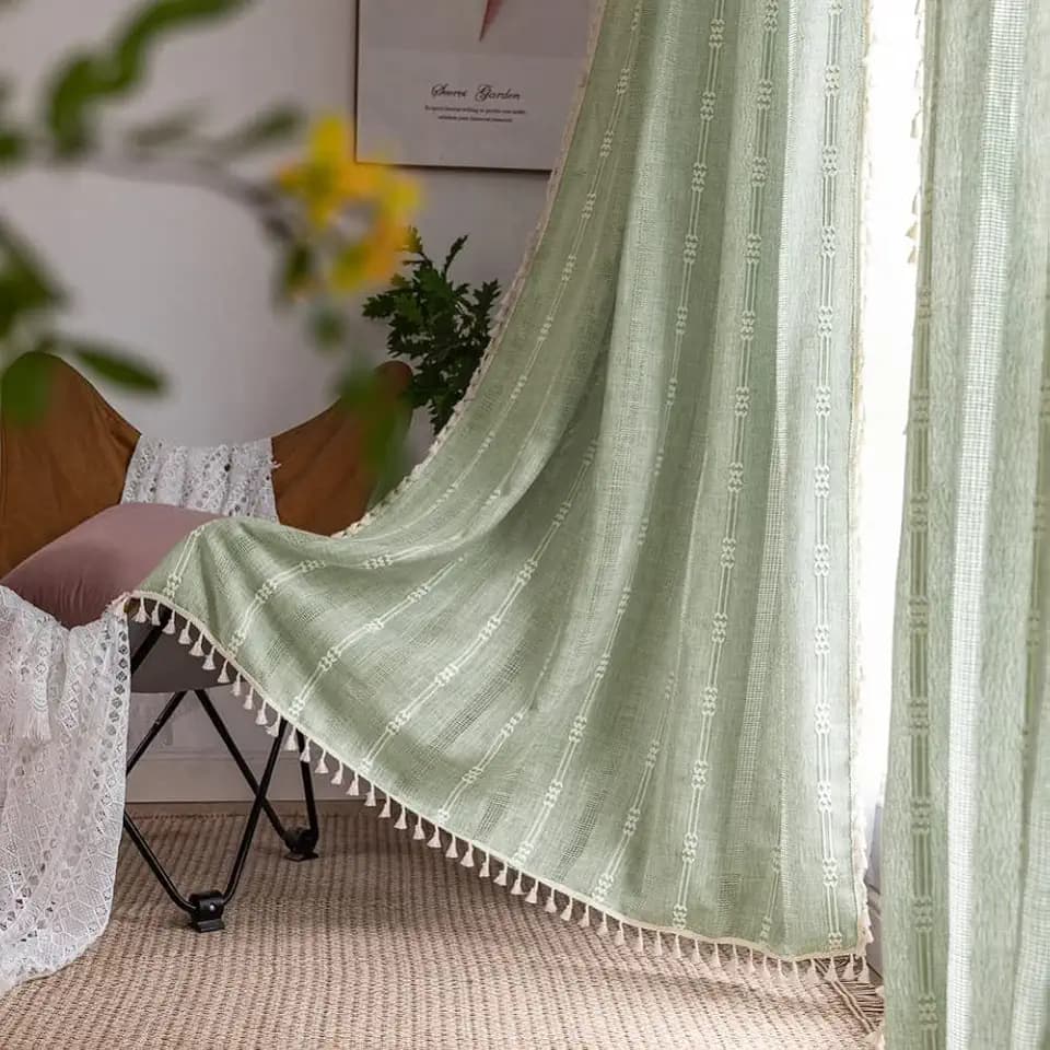 Nyescasa Boho Vorhang Landhausstil Baumwolle Leinen Quaste Gardine Grün Vintage Bestickte Vorhänge mit Ösen Lichtdurchlässig für Wohnzimmer Schlafzimmer Dekoschal 2 Stück 240x140cm(H×B)