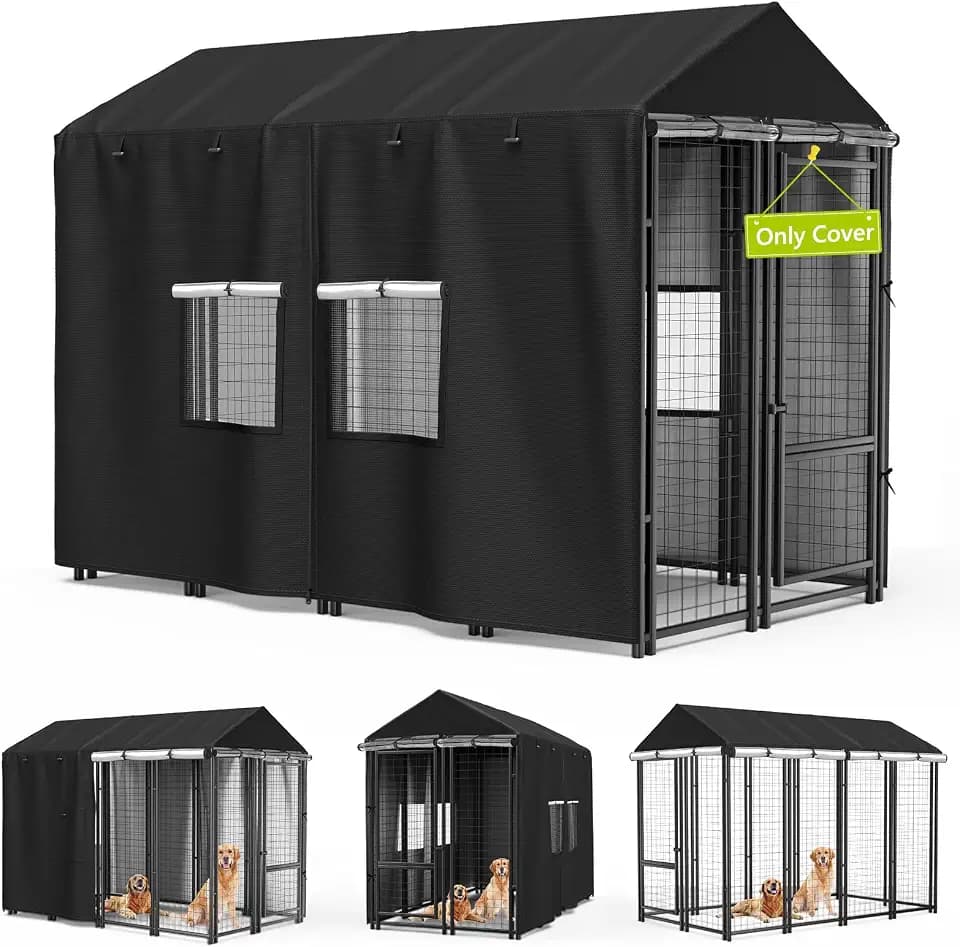 Outdoor Dog Kennel Cover 8'D x 4'W x 6'H Black Full Coverage with Transparent PVC Window and Breathable Mesh All-Weather Protection for Multiple Brands of Kennels Only Cover